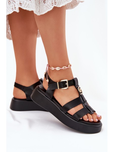 Women Sandals On Platform With Gold Detail Black Fevire