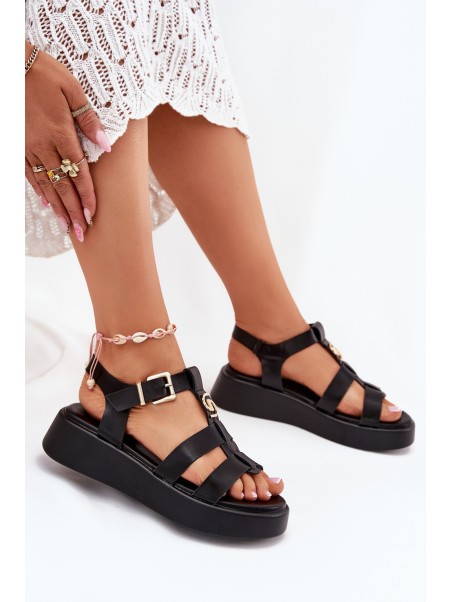 Women Sandals On Platform With Gold Detail Black Fevire