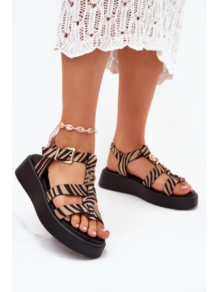 Ladies Platform Sandals With Gold Detail Zebra Beige-Black Fevire