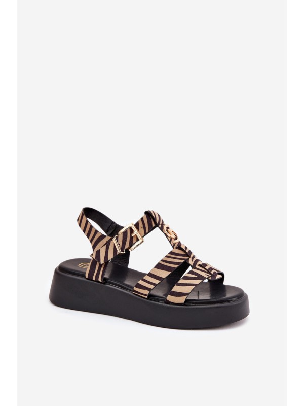 Ladies Platform Sandals With Gold Detail Zebra Beige-Black Fevire