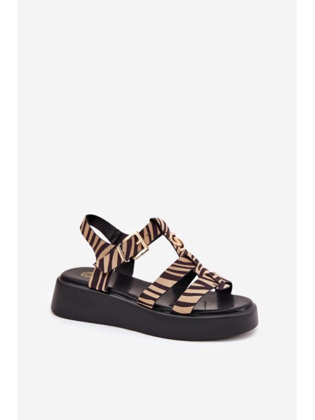 Ladies Platform Sandals With Gold Detail Zebra Beige-Black Fevire
