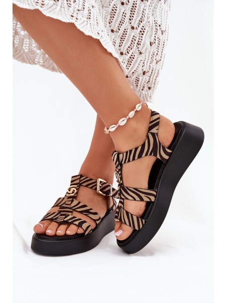 Ladies Platform Sandals With Gold Detail Zebra Beige-Black Fevire