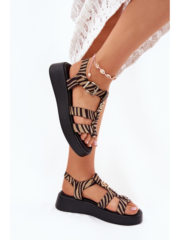 Ladies Platform Sandals With Gold Detail Zebra Beige-Black Fevire