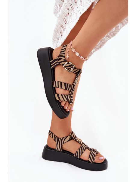 Ladies Platform Sandals With Gold Detail Zebra Beige-Black Fevire