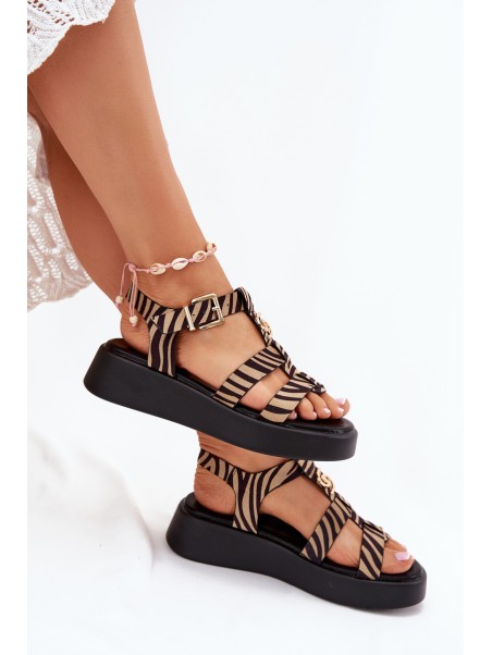 Ladies Platform Sandals With Gold Detail Zebra Beige-Black Fevire