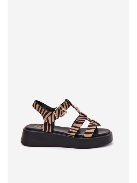 Ladies Platform Sandals With Gold Detail Zebra Beige-Black Fevire