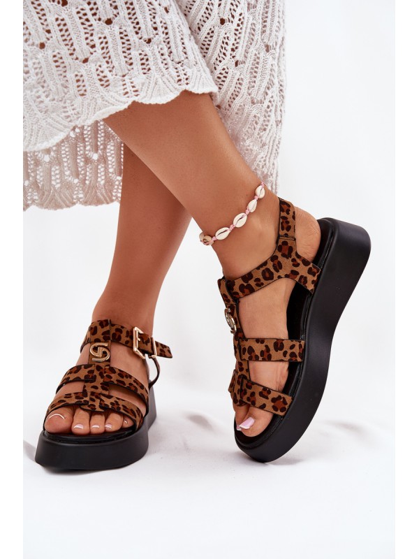 Ladies Platform Sandals With Gold Detail Leopard Fevire