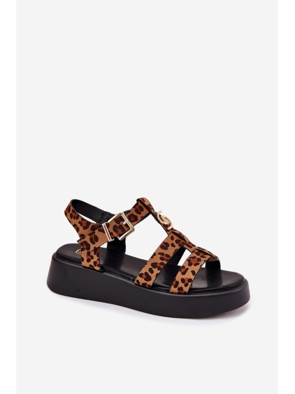 Ladies Platform Sandals With Gold Detail Leopard Fevire
