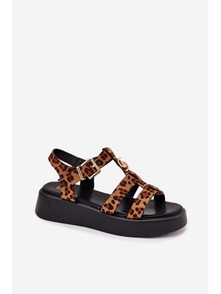 Ladies Platform Sandals With Gold Detail Leopard Fevire