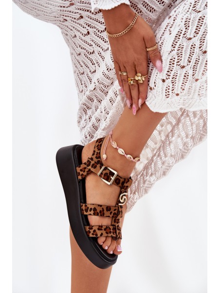 Ladies Platform Sandals With Gold Detail Leopard Fevire