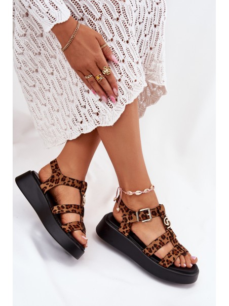 Ladies Platform Sandals With Gold Detail Leopard Fevire