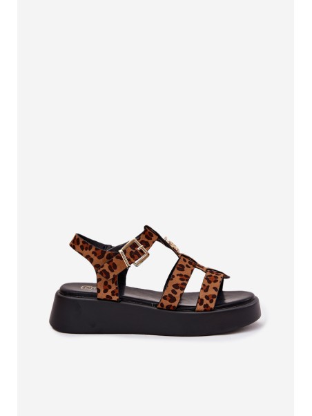 Ladies Platform Sandals With Gold Detail Leopard Fevire