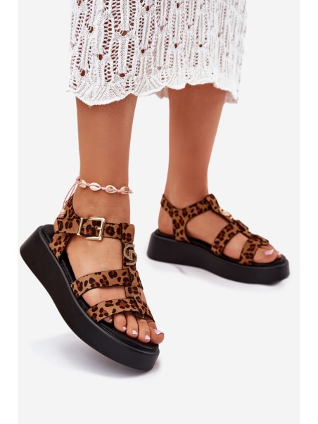 Ladies Platform Sandals With Gold Detail Leopard Fevire
