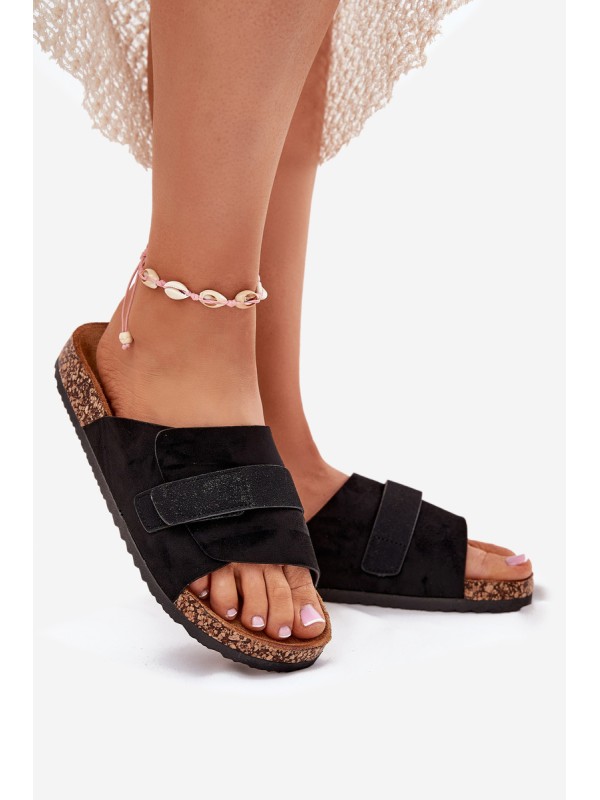 Ladies Sandals With Velcro On Cork Platform Black Baylin