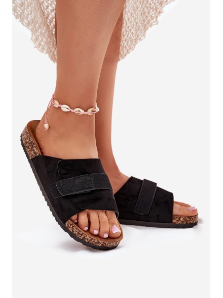 Ladies Sandals With Velcro On Cork Platform Black Baylin