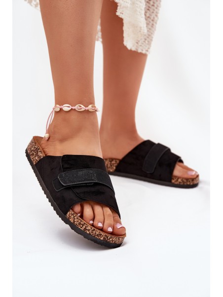 Ladies Sandals With Velcro On Cork Platform Black Baylin