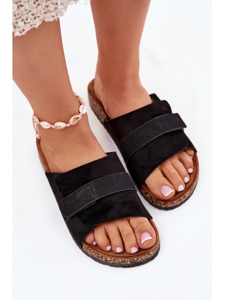 Ladies Sandals With Velcro On Cork Platform Black Baylin