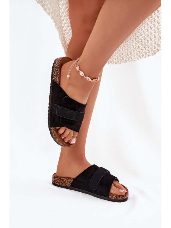 Ladies Sandals With Velcro On Cork Platform Black Baylin