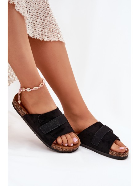 Ladies Sandals With Velcro On Cork Platform Black Baylin