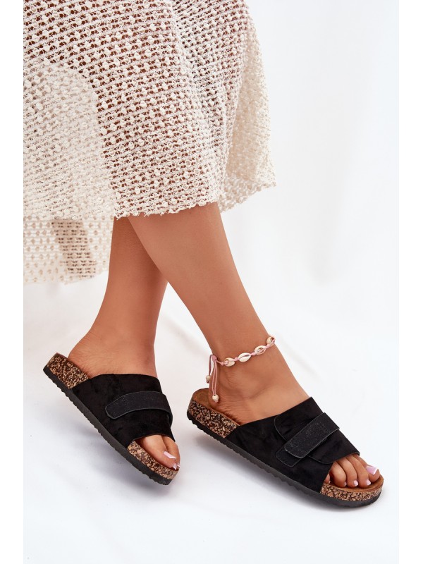 Ladies Sandals With Velcro On Cork Platform Black Baylin