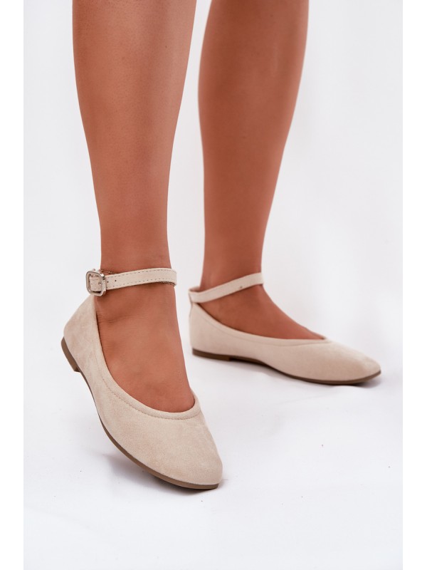 Eco Suede Ballet Flats With Strap And Buckle Beige Deomira