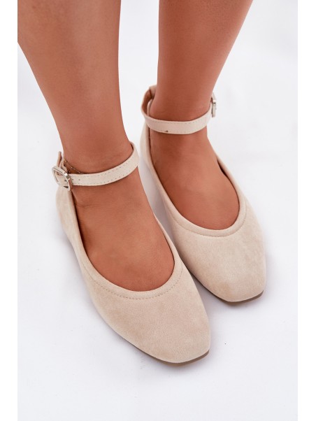 Eco Suede Ballet Flats With Strap And Buckle Beige Deomira