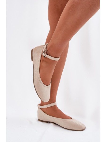 Eco Suede Ballet Flats With Strap And Buckle Beige Deomira