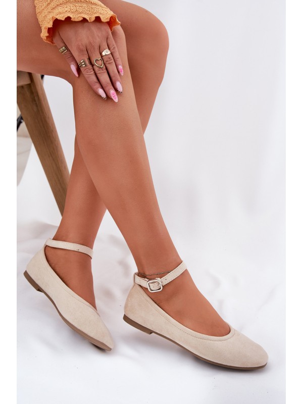 Eco Suede Ballet Flats With Strap And Buckle Beige Deomira