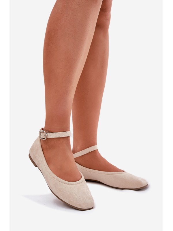 Eco Suede Ballet Flats With Strap And Buckle Beige Deomira