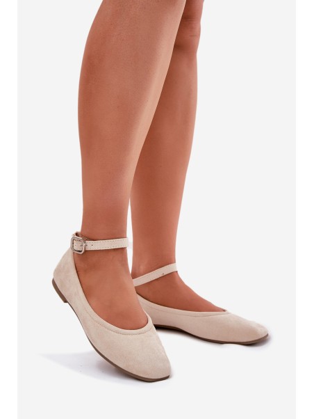 Eco Suede Ballet Flats With Strap And Buckle Beige Deomira