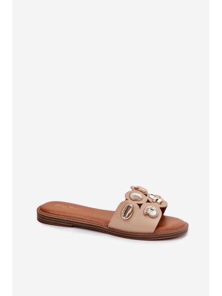 Women's Flat Sandals With Golden Pins Beige Nalothiel