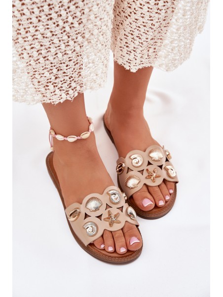 Women's Flat Sandals With Golden Pins Beige Nalothiel