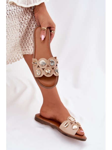 Women's Flat Sandals With Golden Pins Beige Nalothiel