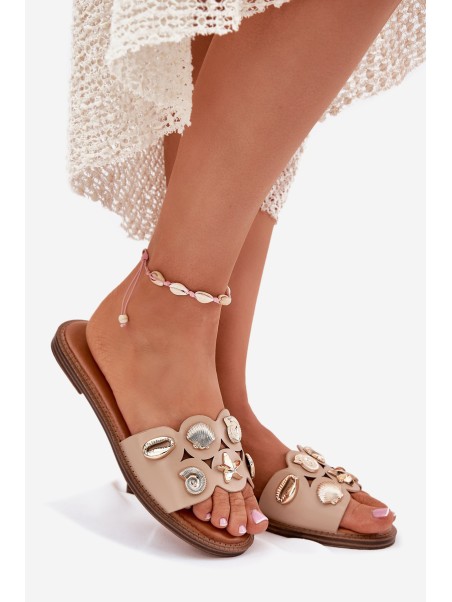 Women's Flat Sandals With Golden Pins Beige Nalothiel