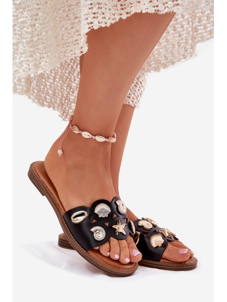 Women's Flat Sandals With Golden Studs Black Nalothiel