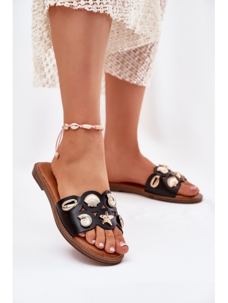 Women's Flat Sandals With Golden Studs Black Nalothiel