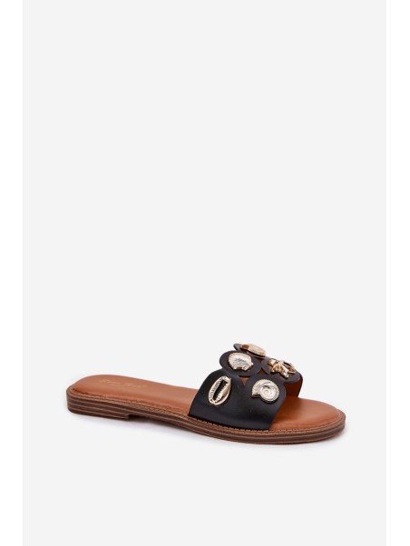Women's Flat Sandals With Golden Studs Black Nalothiel