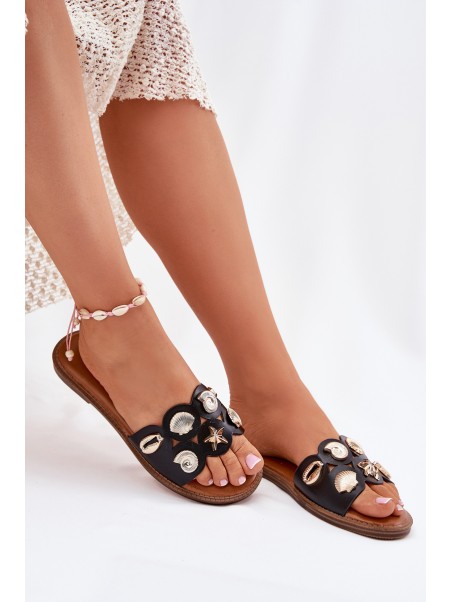 Women's Flat Sandals With Golden Studs Black Nalothiel