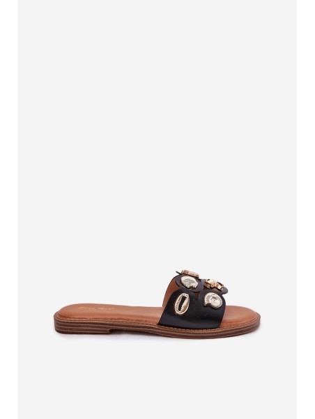 Women's Flat Sandals With Golden Studs Black Nalothiel