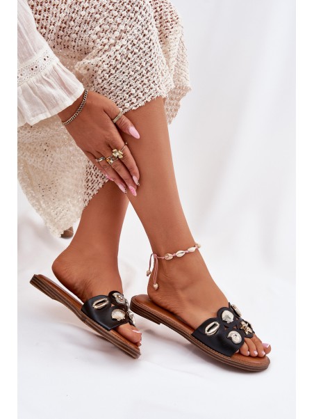 Women's Flat Sandals With Golden Studs Black Nalothiel