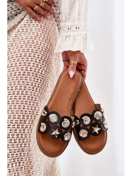 Women's Flat Sandals With Golden Studs Black Nalothiel