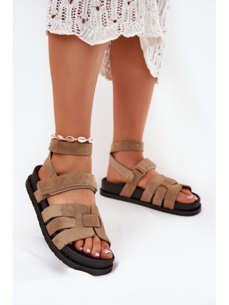 Eco suede women's sandals with Velcro dark beige Valpera