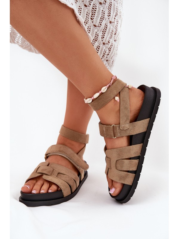 Eco suede women's sandals with Velcro dark beige Valpera