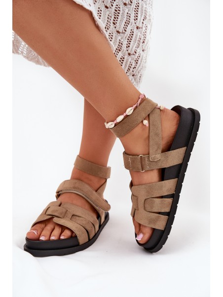 Eco suede women's sandals with Velcro dark beige Valpera