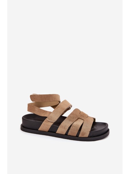 Eco suede women's sandals with Velcro dark beige Valpera