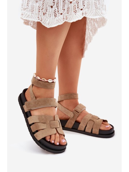 Eco suede women's sandals with Velcro dark beige Valpera