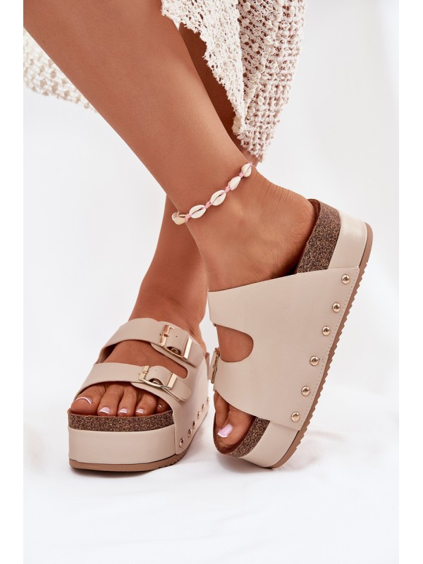 Women's Sandals With Buckles On A Chunky Platform Beige Odisene