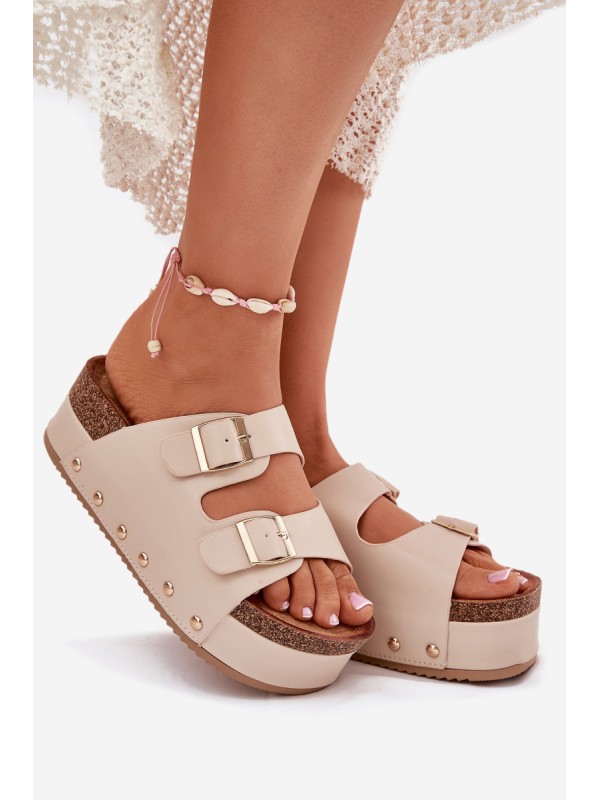 Women's Sandals With Buckles On A Chunky Platform Beige Odisene 2