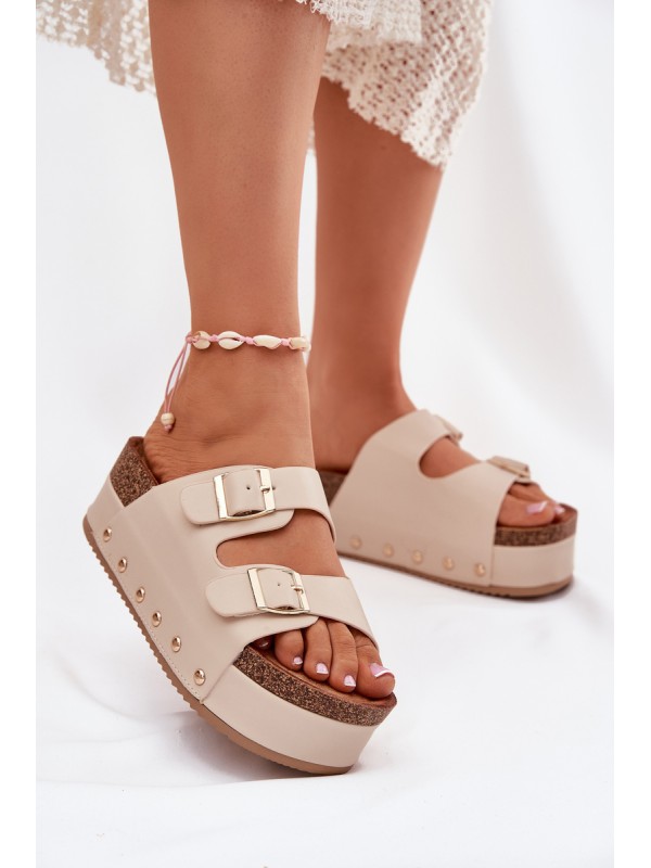 Women's Sandals With Buckles On A Chunky Platform Beige Odisene