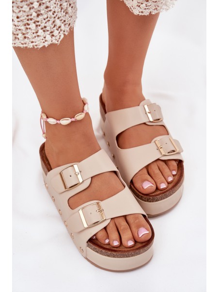 Women's Sandals With Buckles On A Chunky Platform Beige Odisene